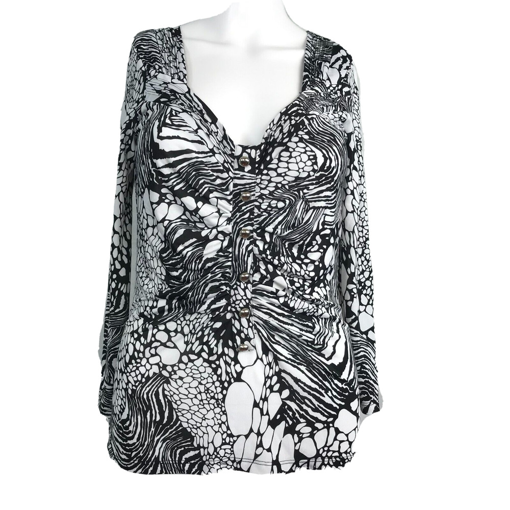 Cache Shirt Womens Sz XS Black White Long Sleeve Ruched‎ Popover Top Stretch